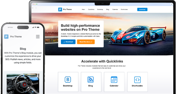 CMS Pro Theme on a monitor and an iPhone