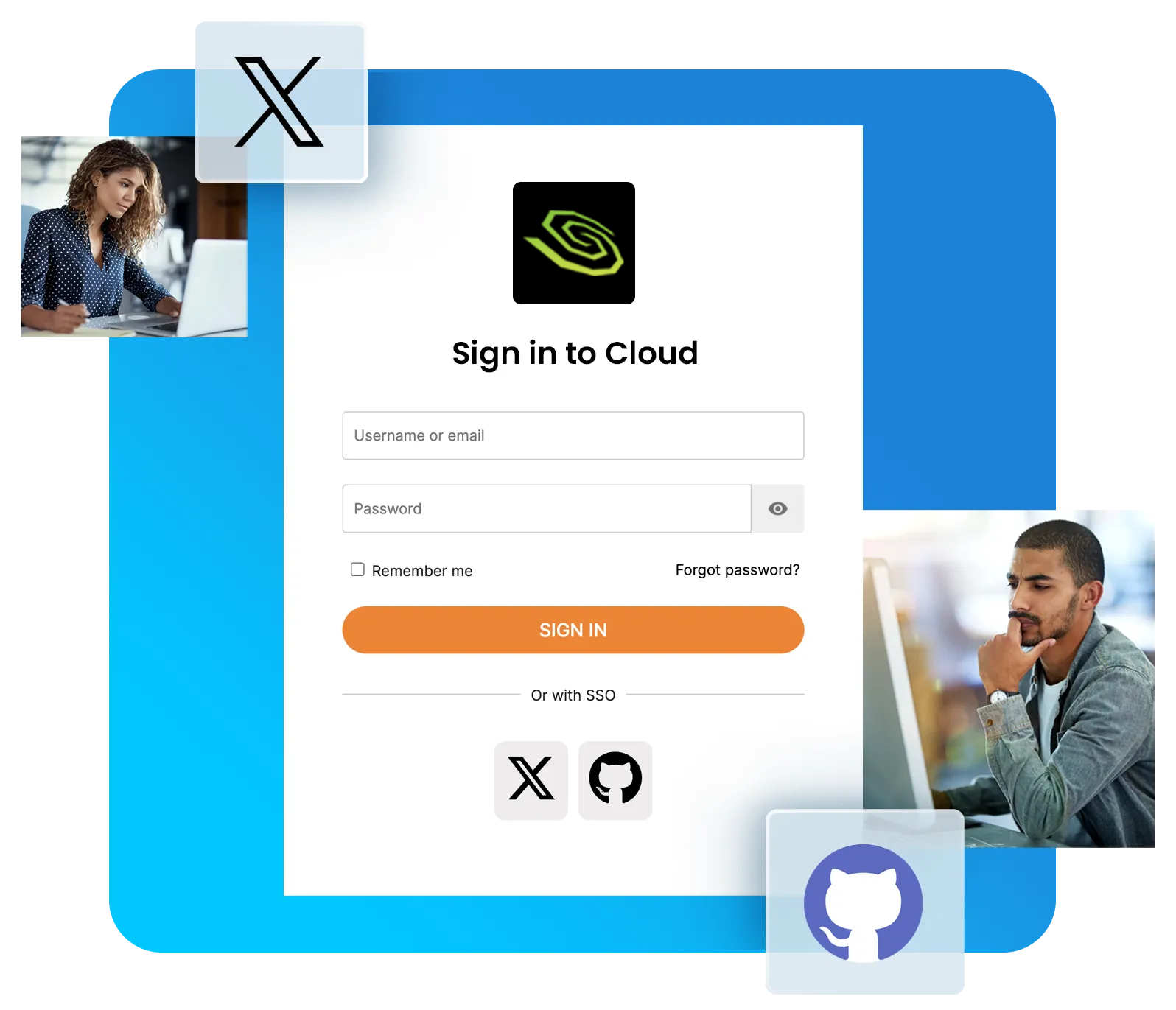 Composite of SpaceMade Cloud login page with separate pictures of a woman and a man looking at their computers, and Github and X's logos