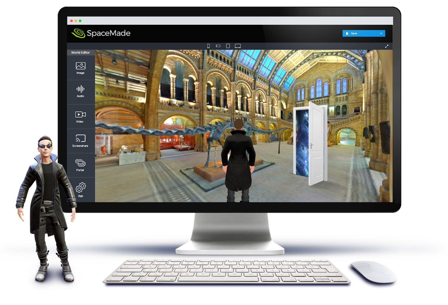 Metaverse world on SpaceMade on an iMac with and avatar next to it