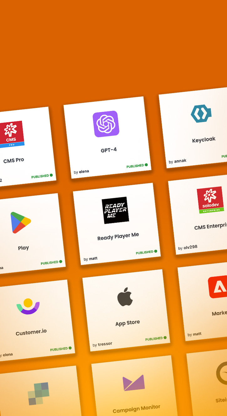 Cloud catalog app cards over an orange background